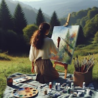 a woman painting in a field